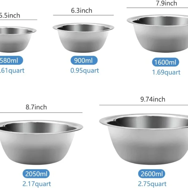 Kits Mixing Bowl Set of 5, Stainless Steel Mixing Bowls, Nesting Whisking Bowl Set for Cooking, Baking, Serving, Food/Salad Prep