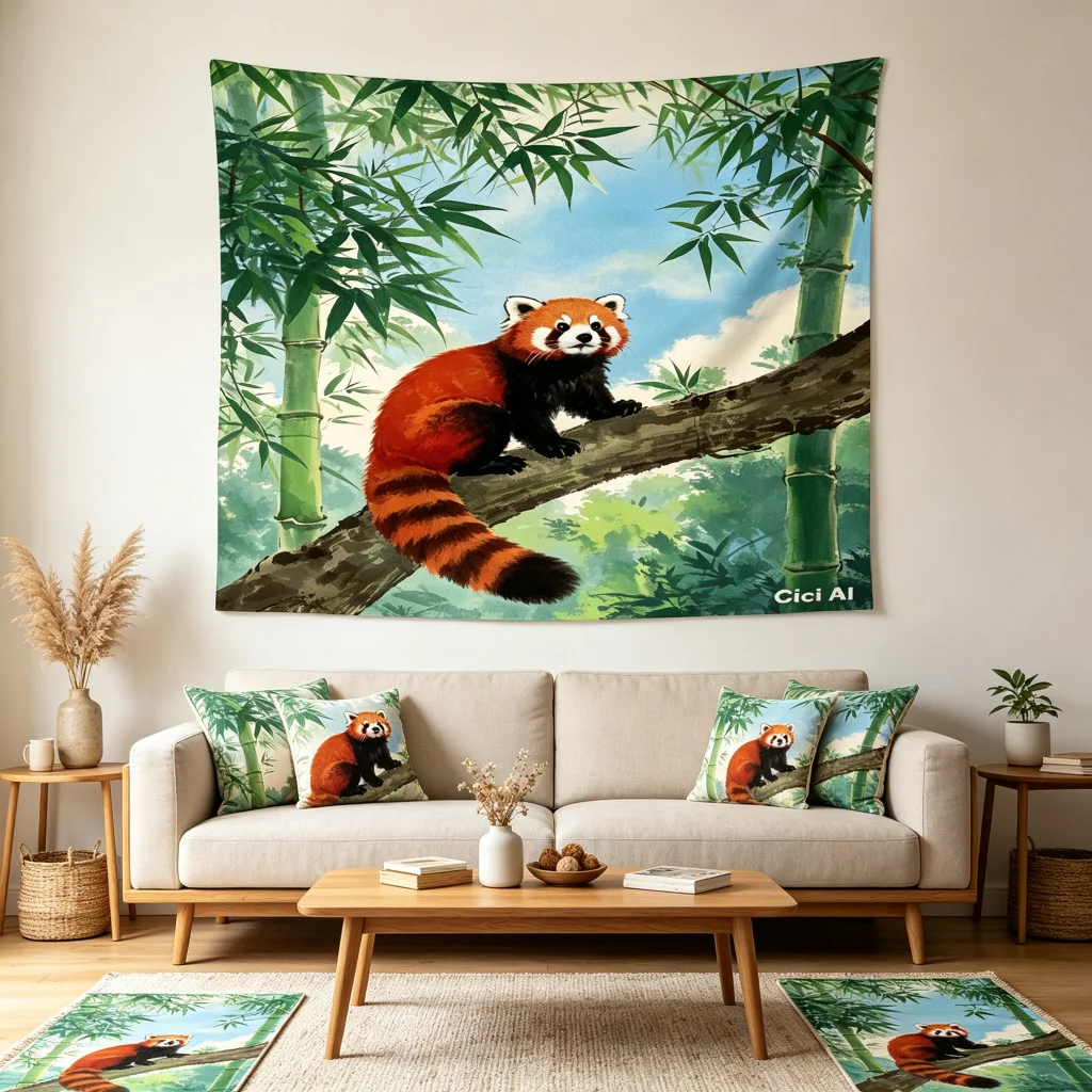 1PC Red Panda Bamboo Branch Print Backdrop Banner, Bedroom Living Room Photo Background, Polyester, Home Decor, Wall Art