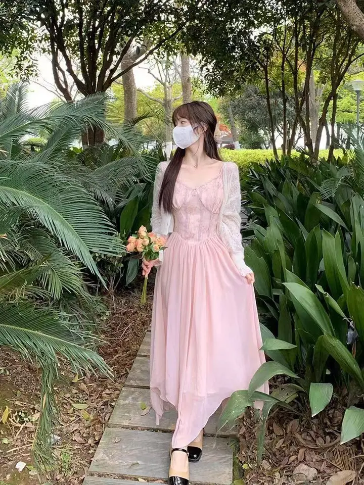 French Sweet Pink Camisole Dress for Women Spring High-end
