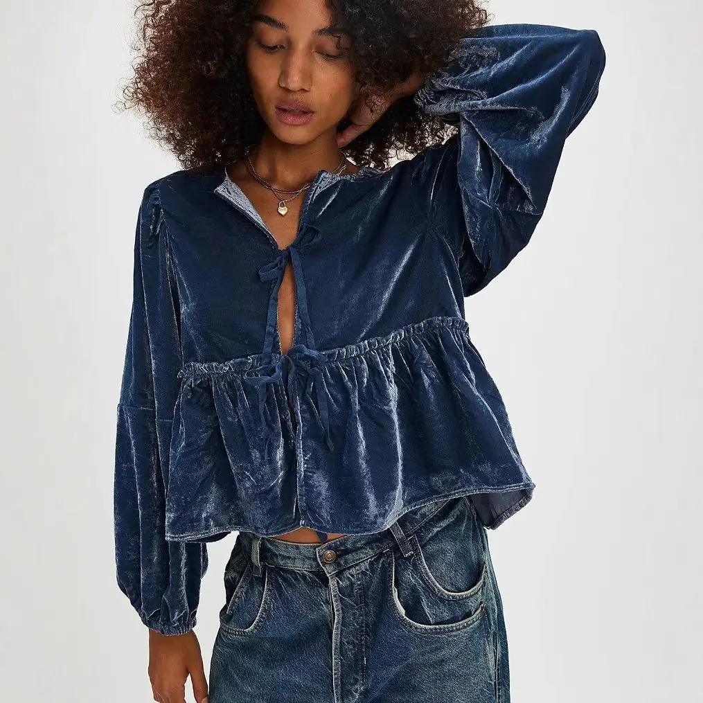 

Hot Velvet Shirt 2025 Autumn Winter Women's Casual Lace Up Cardigan Shirt Bubble Sleeve Edible Tree Fungus Decorative Shirt