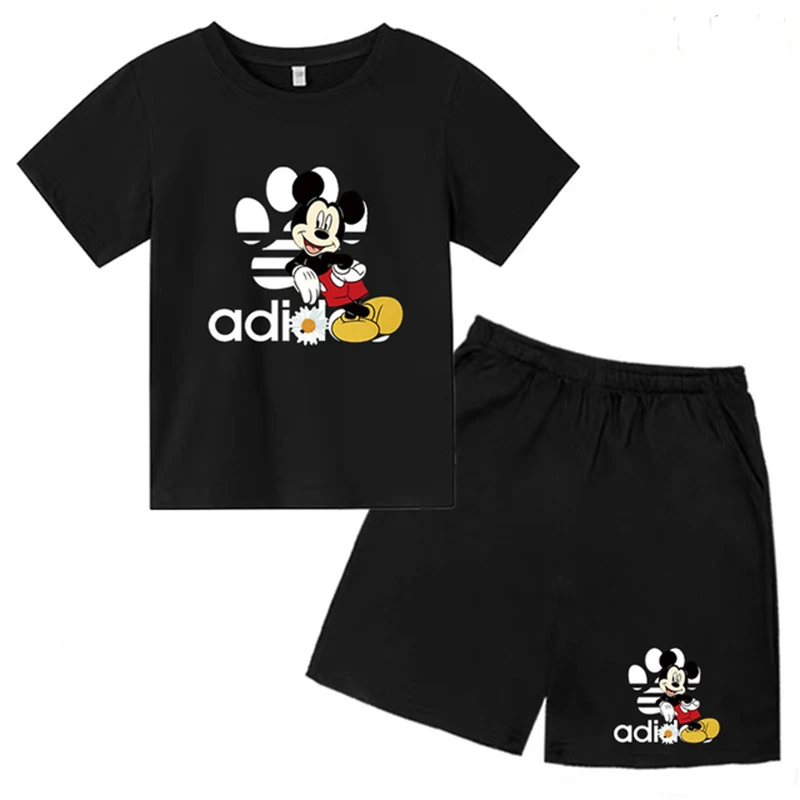 Conjunto de manga corta con dibujos animados de Mickey para niños y niñas, Camiseta de cuello redondo y pantalones cortos, ropa de ocio transpirable, moda de verano