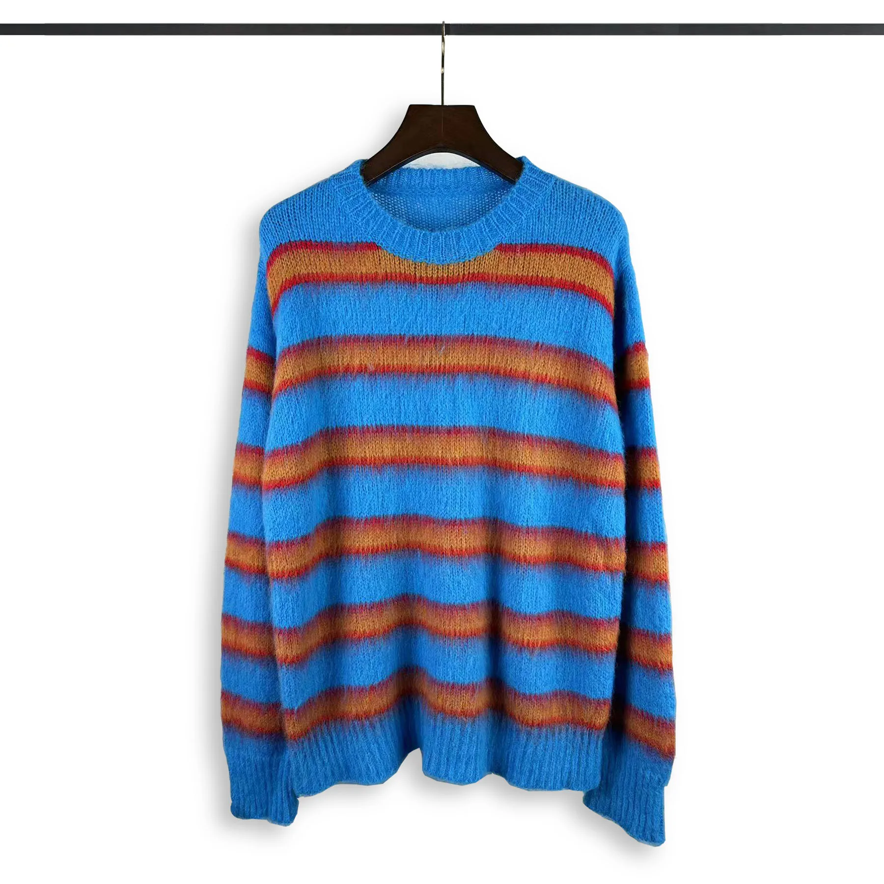 Autumn Winter Round Neck Stripe Knit Sweater Mohair Contrast Loose Mens Pullovers Sweaters Oversize Vintage Color Block Sweater