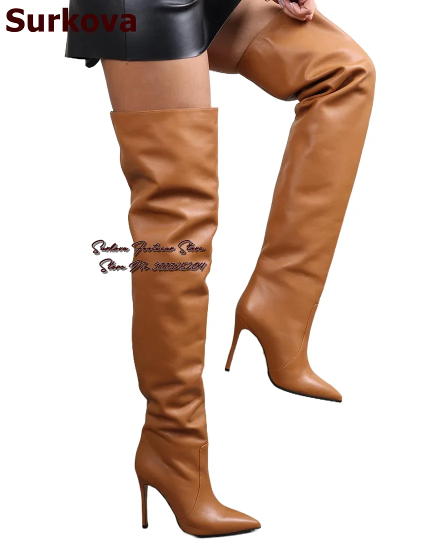 Surkova Brown Black Matte Stiletto Heel Over The Knee Boots Pointed Toe Slouchy Thigh High Boots Elegant Long Dress Shoes Size46