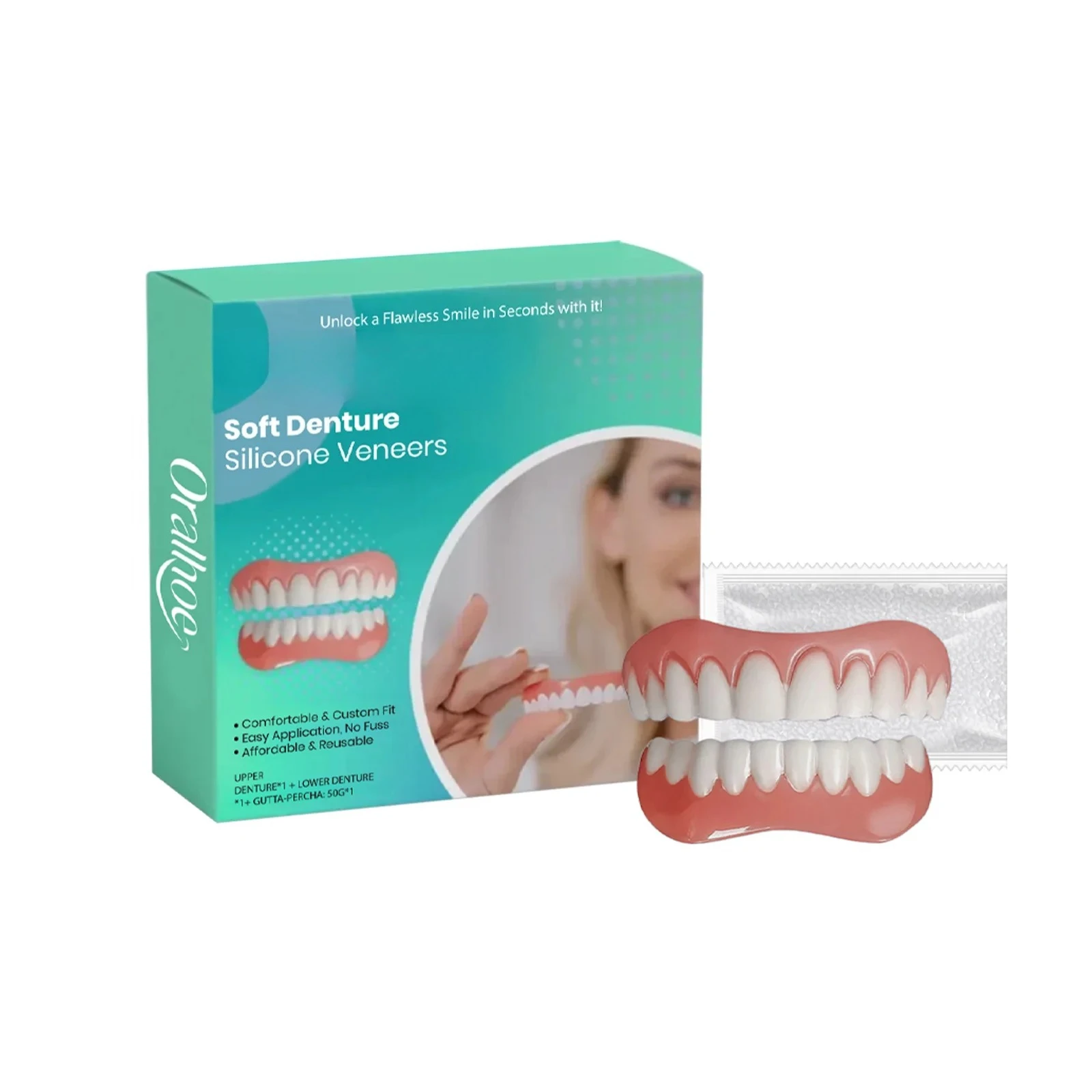 Upper and Lower Dentures Full Set Natural Safe Silicone False Teeth That Fit Oral Repair Missing Dull Tooth Portable Soft False