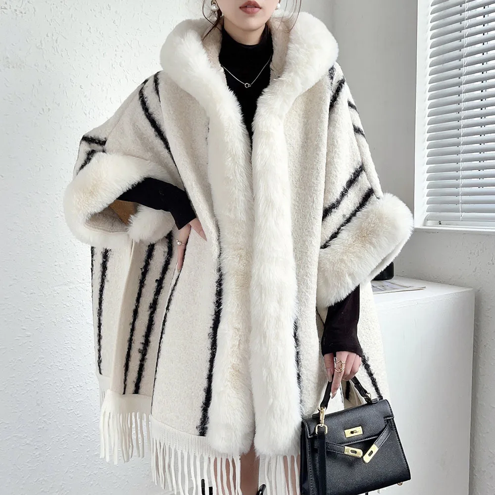 

Faux Rabbit Fur Collar Coat Woman Winter 2023 Plush Thicken Shawl Ladies Elegant Hooded Tassel Long Capes Women Cloak Ponchos