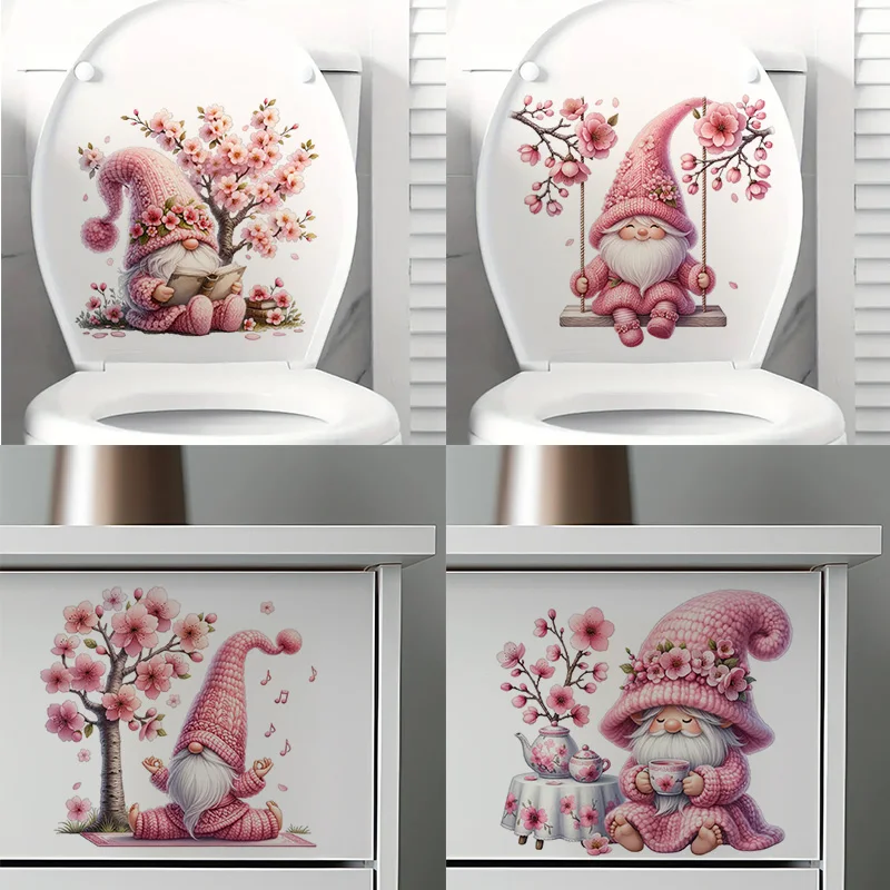 

KT316# Cute Pink Gnome Self-Adhesive Toilet Stickers,Wall Decal Removable, Reusable Vinyl Car Sticker for Toilet Lid, Bathroom