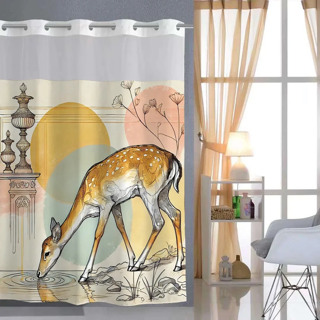 

Занавеска для душа без крючка с рисунком пятнистого оленя и тканевой подкладкой, прозрачное верхнее окно, водонепроницаемая двухслойная занавеска для ванны