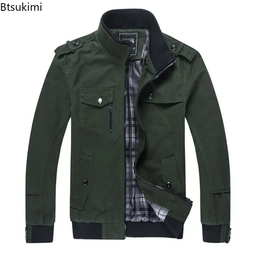 2024 Men's Cotton Cargo Jackets Multi-pockets Design Loose Casual Bomber Jackets Korean Style Stand Collar Zipper Up Coats Male