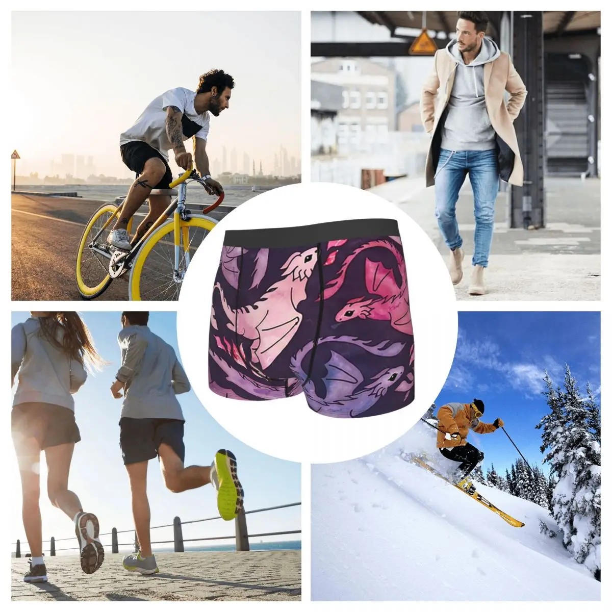 กางเกงบ็อกเซอร์ขาสั้นลายมังกรไฟสีชมพูเข้มม่วง กางเกงในชายเนื้อนุ่มสำหรับผู้ชาย ของขวัญสำหรับแฟนหนุ่ม