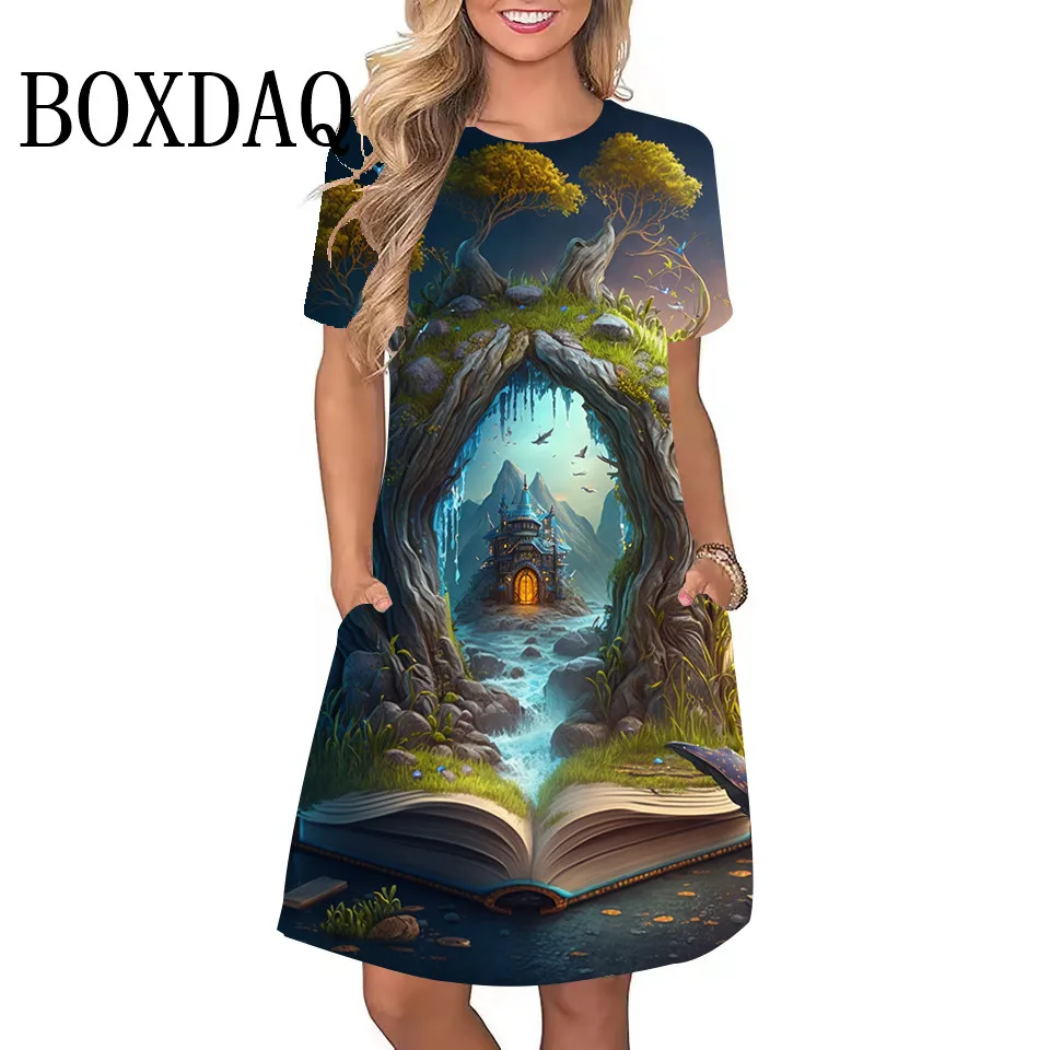 

Retro Women Dress Art Painting Ancient Tree Castle Landscape New 2025 Summer Fashion 3D Print Short Sleeve Dress Loose Clothing