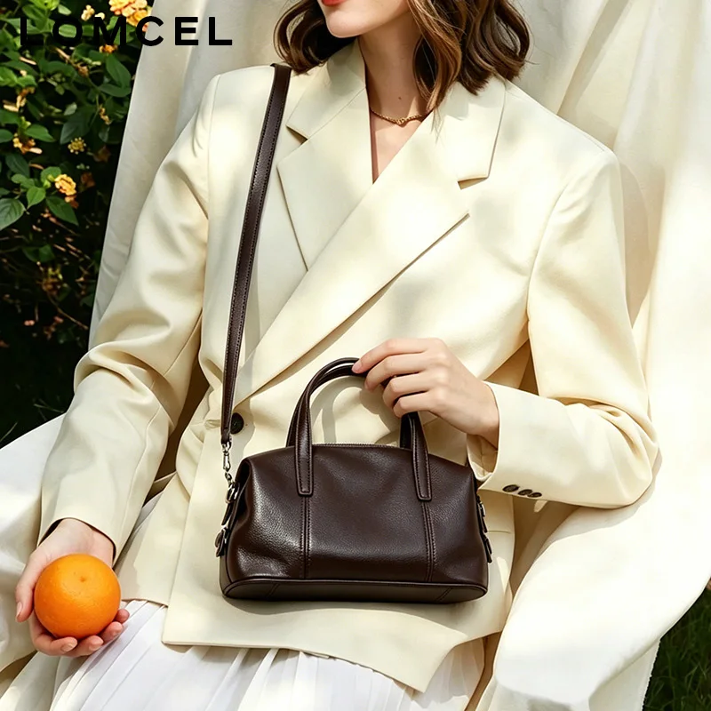 LOMCEL 604 Cowhide Pillowcase Bag for Women, 2026 New Style, Genuine Leather and Soft Leather, Boston Bag, Suitable Commuting
