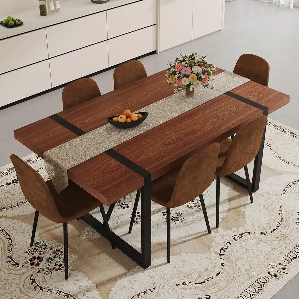 

Walnut & Brown 7-Piece Large Dining Table Set with Chairs for Family Meals