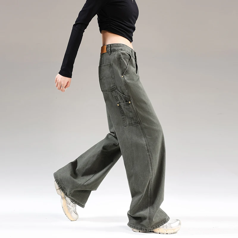 

Американские зеленые джинсы цвета хаки с низкой талией для женщин2025Новые осенние свободные прямые широкие брюки-карго