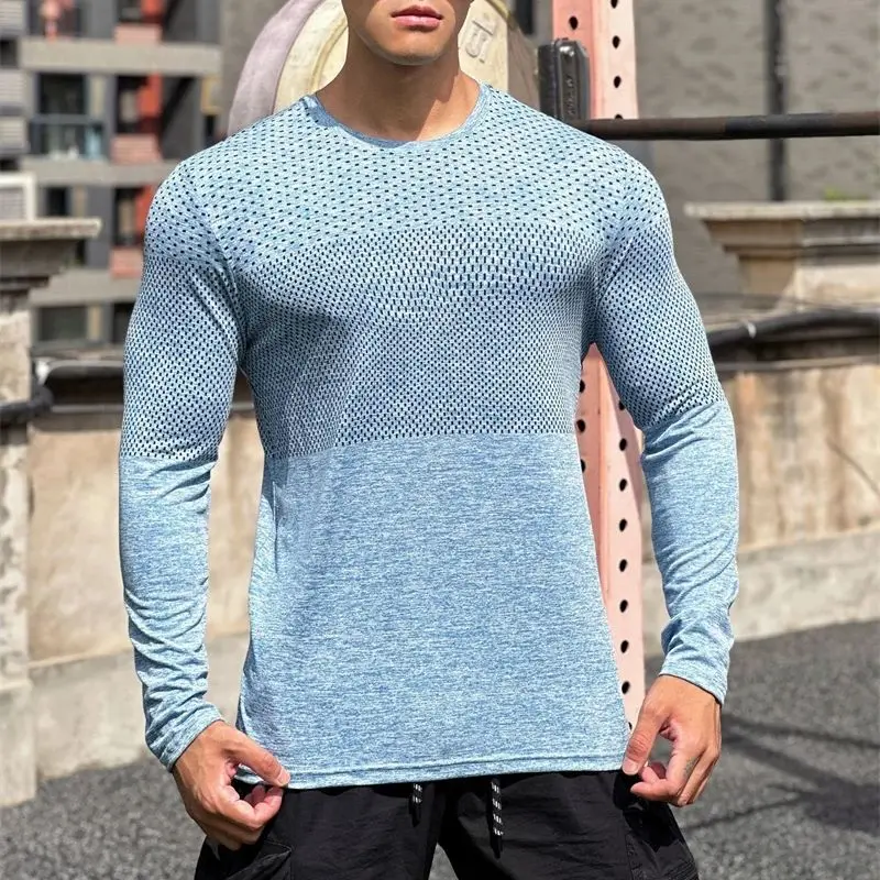 New fashion men's sportswear round neck long sleeve T-shirt shirt thin quick drying breathable fitness men's wear