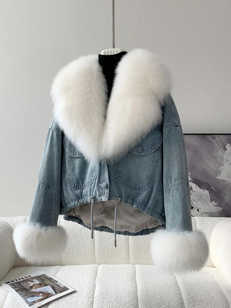 New Denim Fur Jacket,  White Fox Lapel Goose Down Jacket