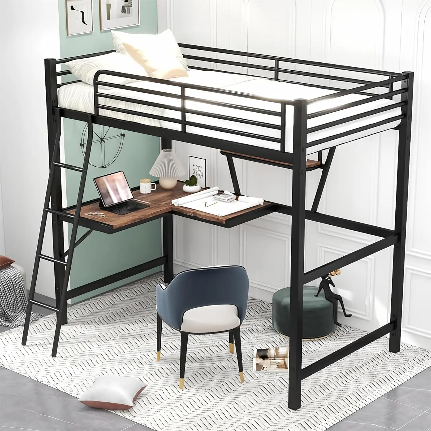 

Twin Loft Bed With Desk, Loft Bed Twin Size With 13"" High Full Length Guardrail & 4 Steps, Built-In Under Bed Shelf, Heavy