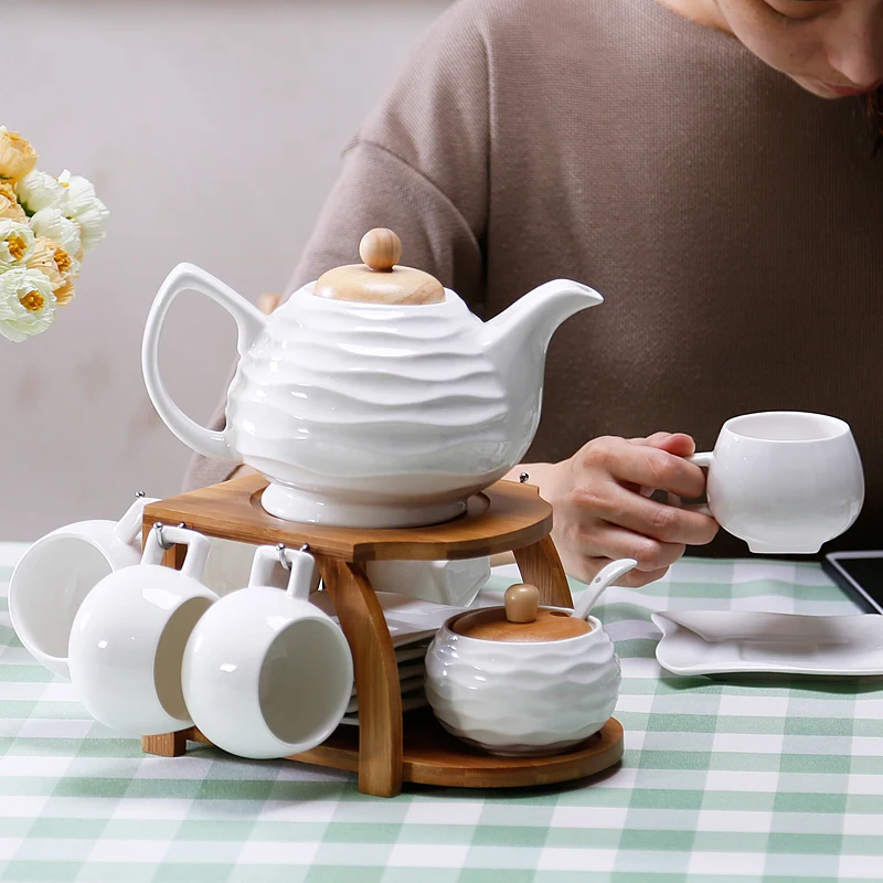 European Style Ceramic Coffee Cups & Pots - Bamboo Wood Frame, Coffee & Tea Sets, Pod Holder, Fine Porcelain & Bone China