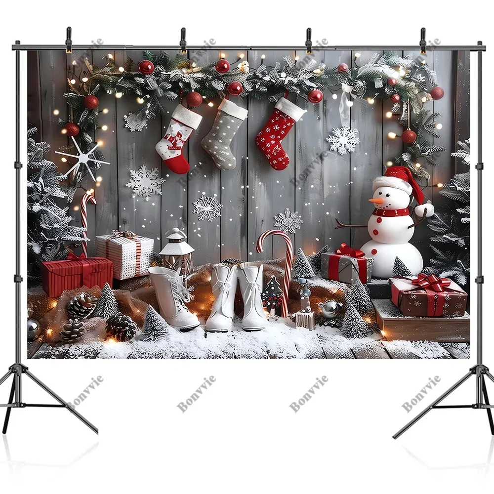 Bonvvie Merry Christmas Backdrop Xmas Tree Gifts Snowman Family Party Decor Background Photocall Photography for Photo Studio