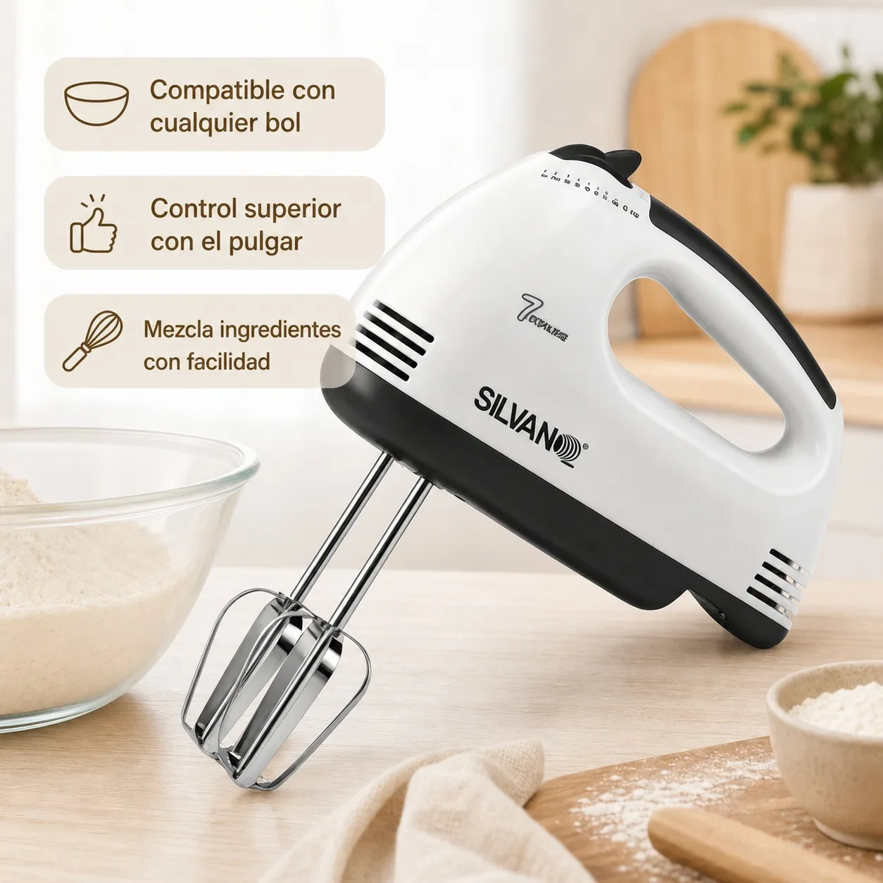 Batteur électrique 200W avec 7 vitesses réglables, mélangeur pétrisseur en acier inoxydable pour la pâtisserie, mélangeur ergonomique pour les blancs d'œufs, la crème et la pâte à pain, 7x18x25cm