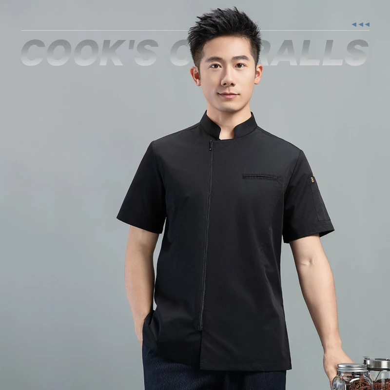 ホテルやレストランの厨房ユニフォーム用のジッパー付きプロ仕様半袖シェフジャケット