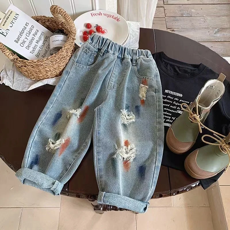 

Ripped Jeans Children Street Summer Blue Regular Fashion Trousers Autumn Streetwear Hole Slim Designer Casual Denim Pants