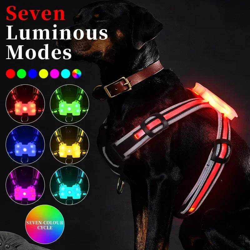 LED Dog Harness 7 Color USB Changing Pet Supplies Explosion-proof Flush Traction Chest Braces Clothes Luminous Dog Pet Collars