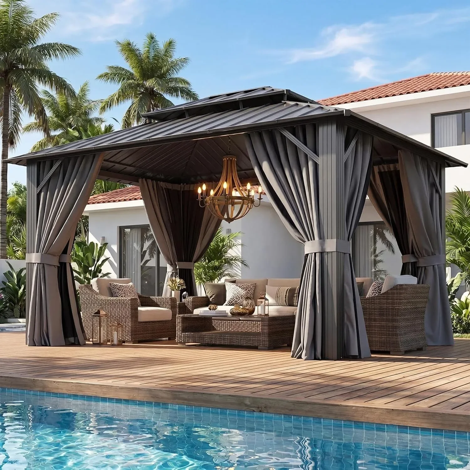 Factory Direct 12x10ft Hard Top Gazebo Outdoor Pergola Canopy with Mesh and Curtain Galvanized Steel Bucket
