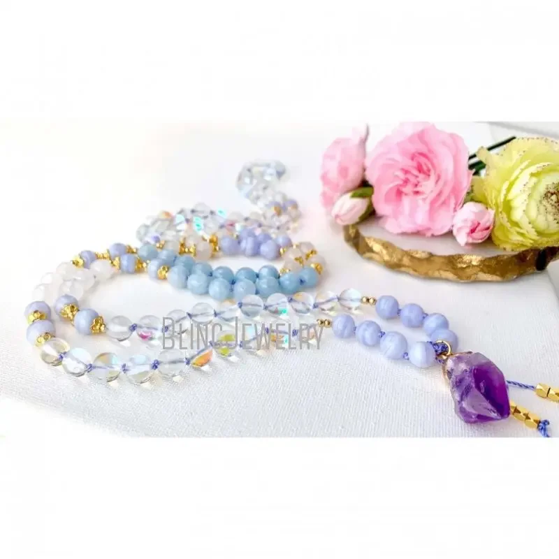 5pcs Japamala 108 Beads Prayer Worry Natural Stone Blue Mystic Aura Quartz Moonstone Aquamarine Yoga Women Rosary Necklace