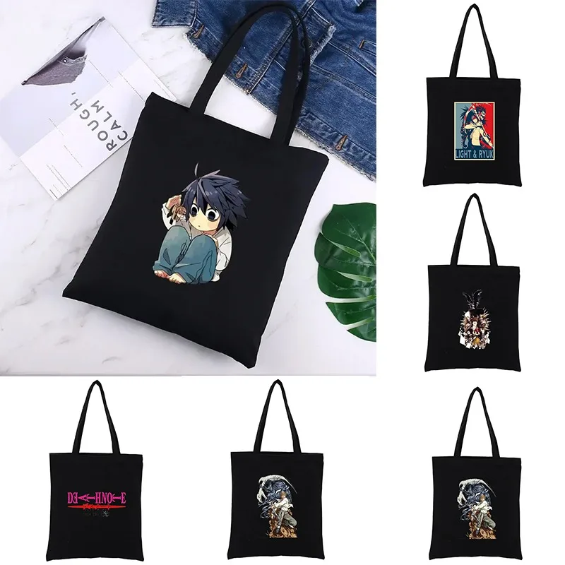 

Death Note Bags Japan Anime Manga Women Handbags Black Canvas Tote Shopping Bags Reusable Shopping Bag Eco Foldable Decoration