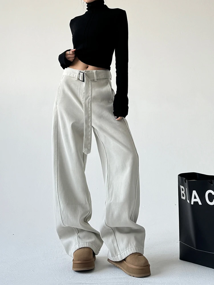

Korean Sle Versatile Belted Wide Leg Pants Winter New Arrival Commute Slimming Cosite Fce Warm Faionable Jeans