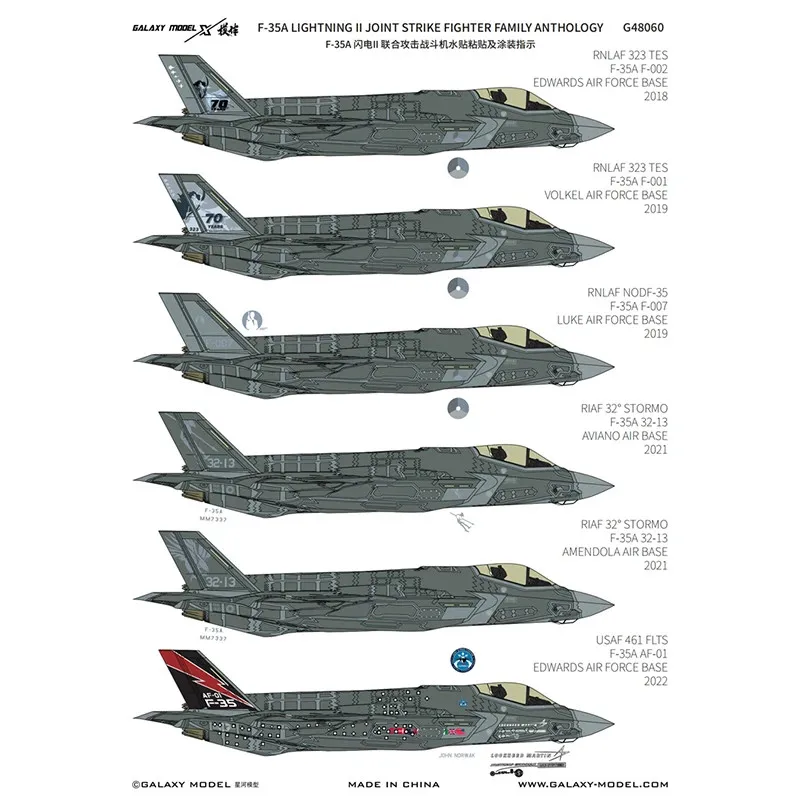 Galaxy G48060 F-35A Lightning II Joint Strike Fighter Family Anthology Decal & Mask Suitable for 1/48 Tamiya 61124