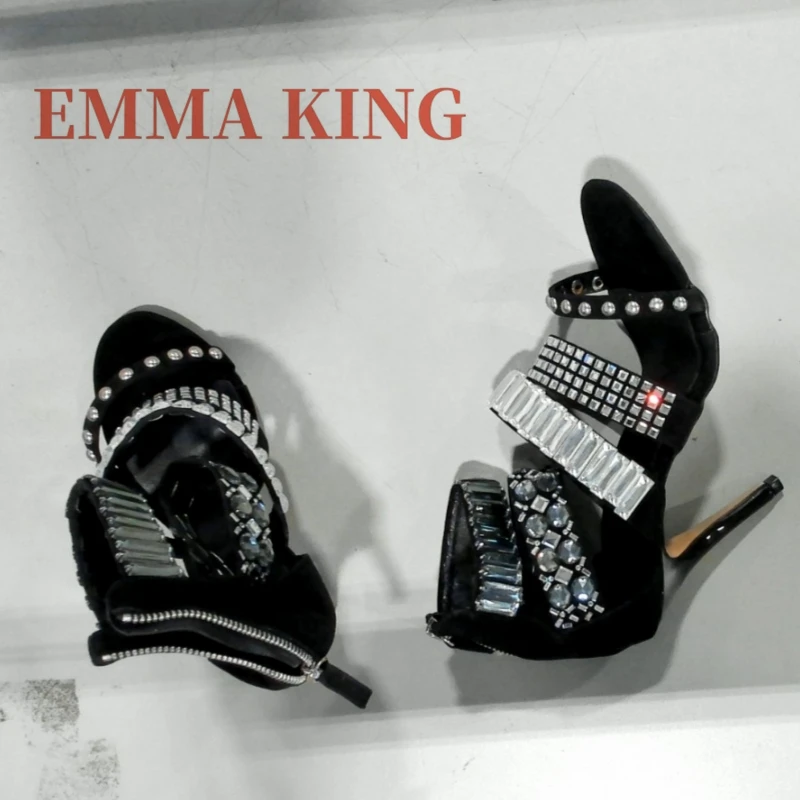 Black Embellished Ankle Strap Sandals Summer Women Open Toe Stiletto Gladiator Sandals Fashion Rhinestone Party Dress Shoes 44 view 6