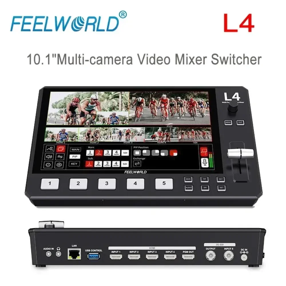 FEELWORLD L4 Multi-Caméra Commutateur 4xHDMI 1xSDI USB3.0 Live Streaming 10.1 "LCD 13 Transitions 5 PIP Modes 1080p