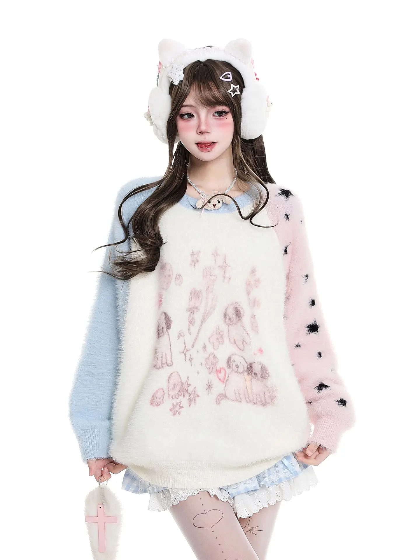 Y2K Kawaii Women Fuzzy Plush Knit Pullover Color Block Raglan Sleeves Puppy Print Crew Neck Loose Cozy Winter Sweater Jumper