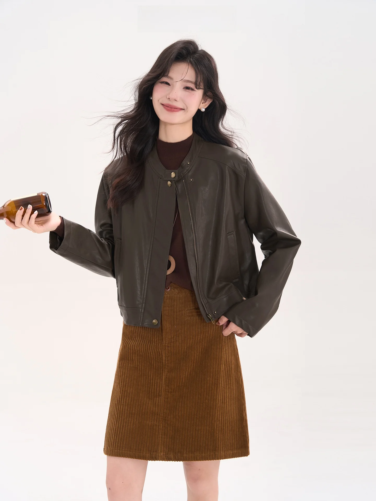 Sweet Cool Princ ort PU 가죽 자켓 여성용 심플 라운드 넥 지퍼 클로저 롱 슬리브 가을 아우터 코트