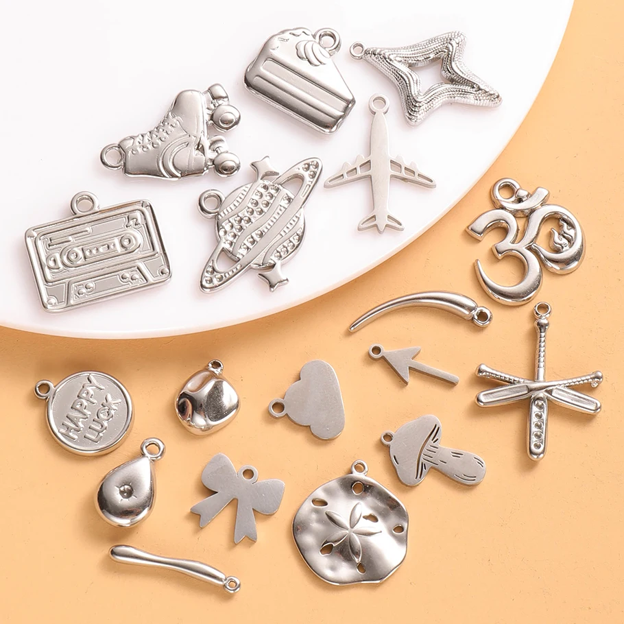 6pcs Bowknot Star Cake High Quality Stainless Steel Charms Lucky Round Card Baseball Bat Rustproof No Fade Pendants DIY Jewelry