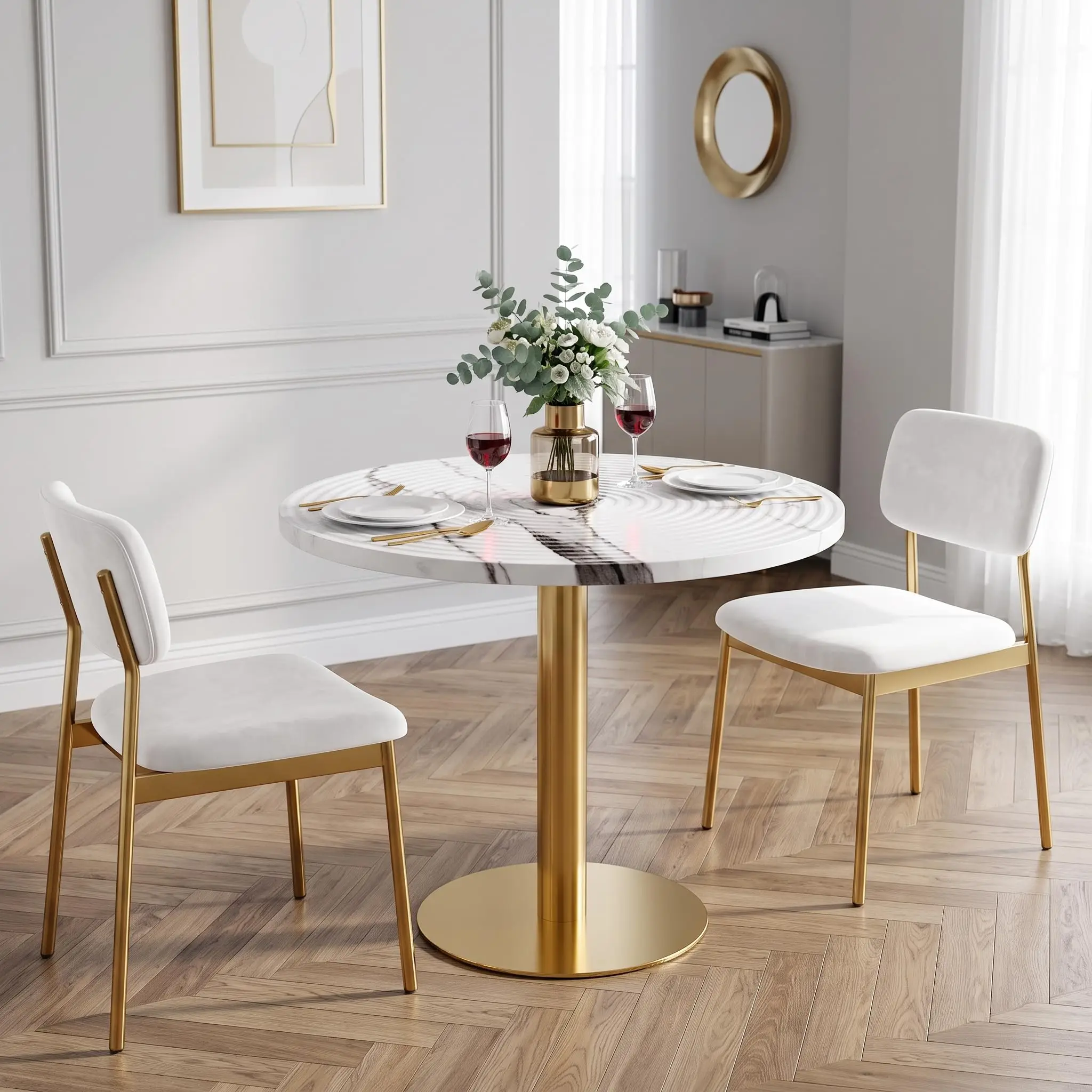 31.5'' Round Dining Table, Small Round Table, White Round Table, Faux Marble Pattern Growth Ring Tabletop with Golden