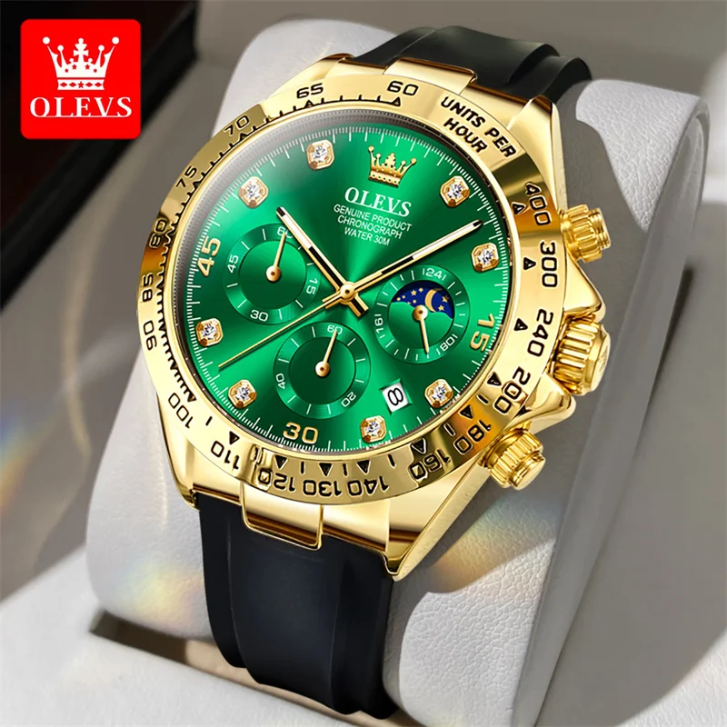 

OLEVS Top Brand Luxury Calendar Moon Phase Mens Watch Sport Military Quartz Green Watches Men Waterproof Gold Steel Case Relogio