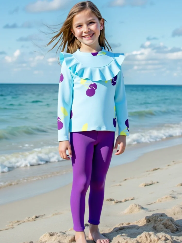 

Girls Kids Swimsuit 2026 New Purple Cherry Long Sleeves Ruffle Children Swimwear Summer Trousers Beachwear Bathing Suit Swimming