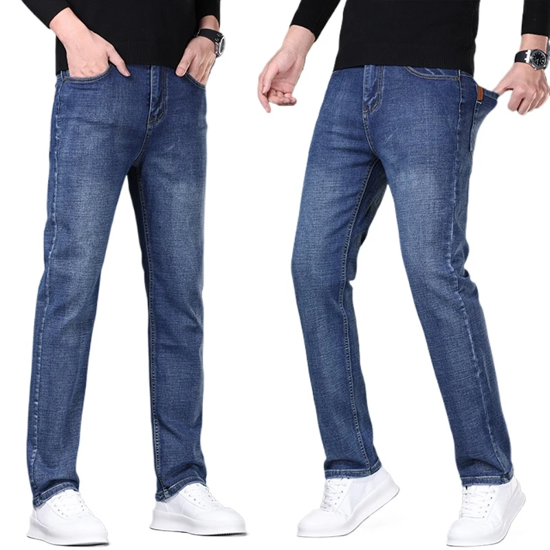 

Vintage Slim Straight Men's Jeans High Stretch Classic Brand Denim Pants Business Casual Comfort Soft Male Office Daily Trousers