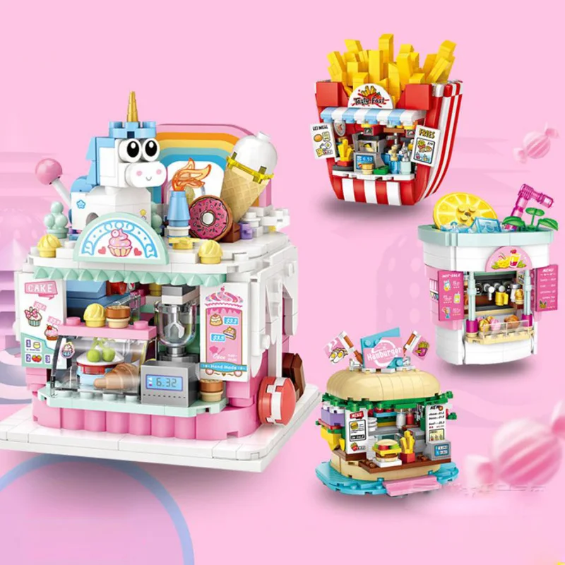 Creative Mini Block City Modern Street View Lemon Tea Hamburger Ice Cream French Fries Architecture Build Brick Figures Toys