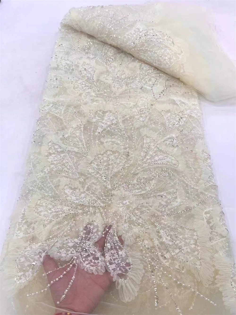 Tissu de dentelle 3D français de luxe avec appliques de fleurs, paillettes africaines nigwin, perlé pour la couture, 5 mètres, 2024