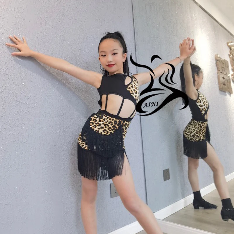 Children'S Latin Dance Costume For Girls Cutout Leopard Latin Dance Dress Fringed Skirt Kids Performance Dancing Clothes SL8961