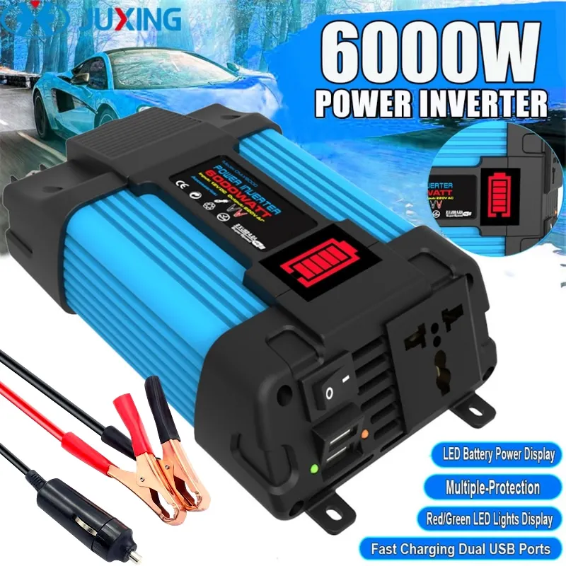 JUXING 4000W/6000W Car Power Inverter DC 12V to 220V AC Converter with LCD Display AC Outlets and Dual USB Car Charger for Car H