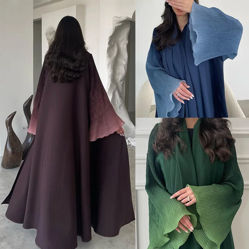 

Mq202 Long Robe Arab Dubai Chiffon Pleated Fan Sleeves Color Block Coat Women's Clothing Ramadan Dubai Luxury Islam Elegant