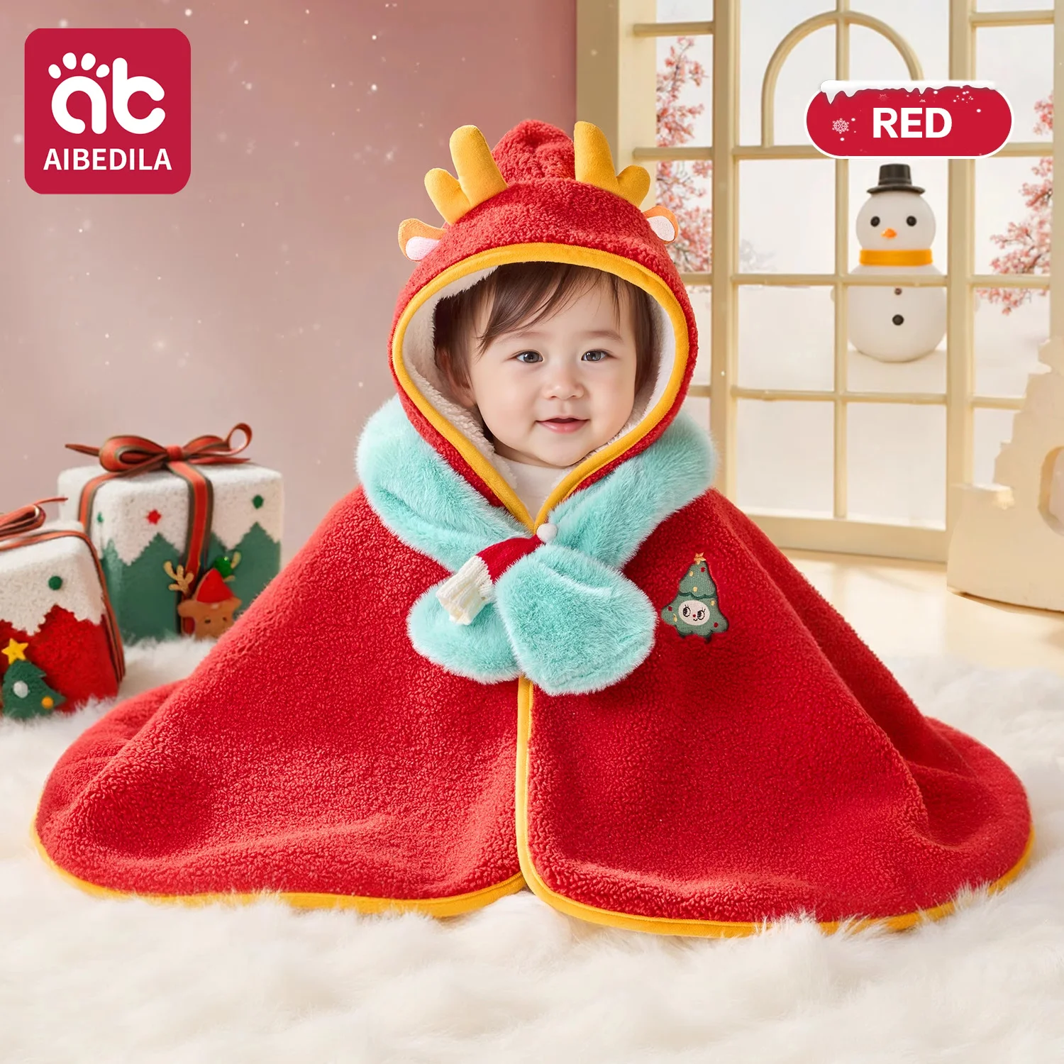 

AIBEDILA Cute Christmas Elk Plush Baby Coat Warm Soft Hooded Infant Cloak Boy/Girl Thick Clothes 0-3Y Autumn Winter
