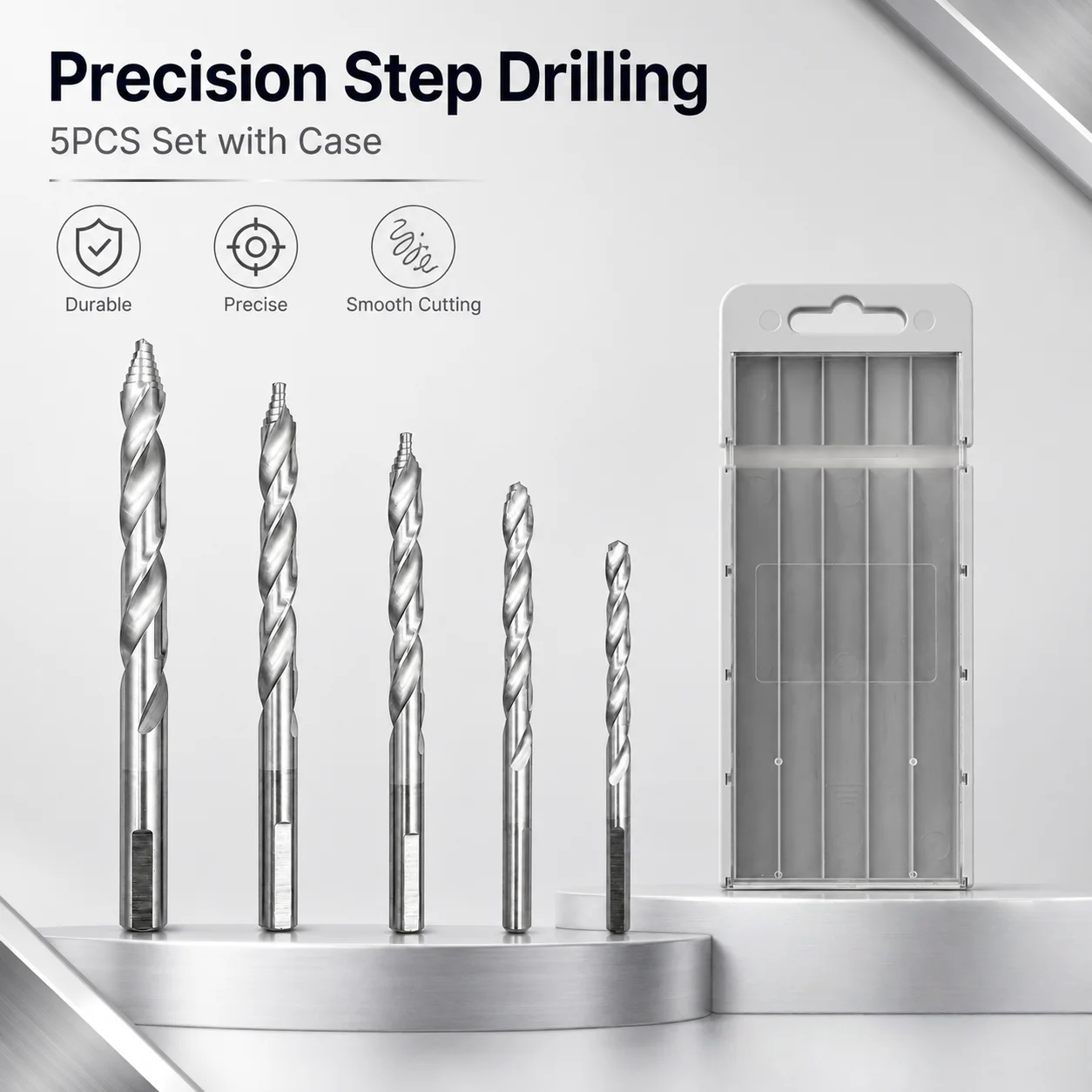 1. 5Pcs HSS Step Twist Drill Bit Set 4‑10mm, Spiral Flute Drill Bits for Metal Wood Plastic with Storage Case
