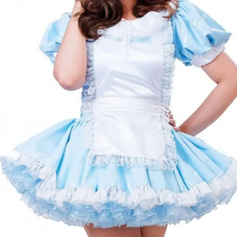 

Adult Giant Baby Sexy Girl Blue PVC White Satin Apron Dress Sissy Role Play Dressing Ball Maid Customizable Multi Color