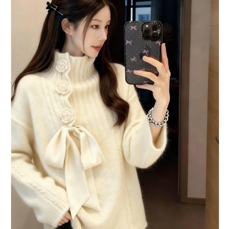 

Уникальная красивая корейская зимняя одежда, белый вязаный свитер, высококачественная роскошная внутренняя одежда, дизайн с узлом для женщин