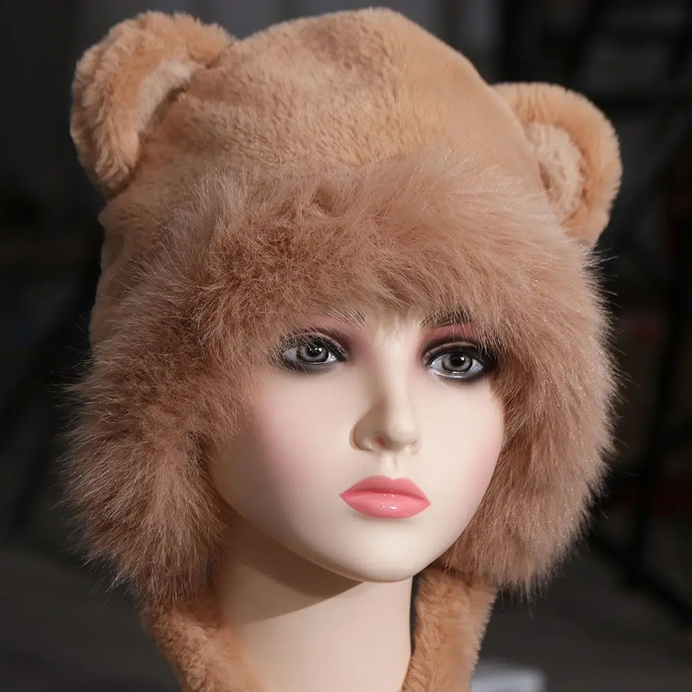 

Модная корейская милая шляпа с медвежьими ушками, повседневная шляпа-ведро из искусственного меха, теплая уличная женская пушистая шапка для девочек